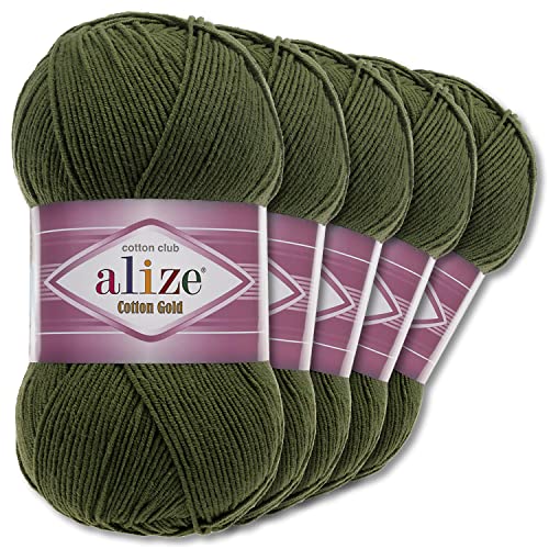 Alize 5 x 100 g Cotton Gold Premium Wolle| 39 Farben Sommerwolle Garn Stricken Amigurumi (29 | Khaki)