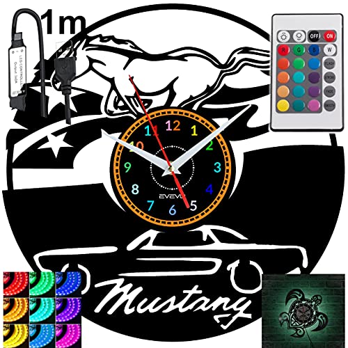 EVEVO Mustang Horse altes Auto RGB LED Pilot Wanduhr für Fernbedienung Schallplatte Modern Dekorativ für Geburtstagsgeschenk Tolles Geschenk Uhr