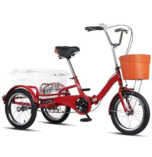 LSQXSS Zusammenklappbares Lastendreirad mit Einkaufskorb, 16-Zoll-Rikscha-Pedaldreirad mit Speichenlufträdern, Outdoor-Cruiser-Fahrraddreirad zum Abhängen und Einkaufen, verstellbar