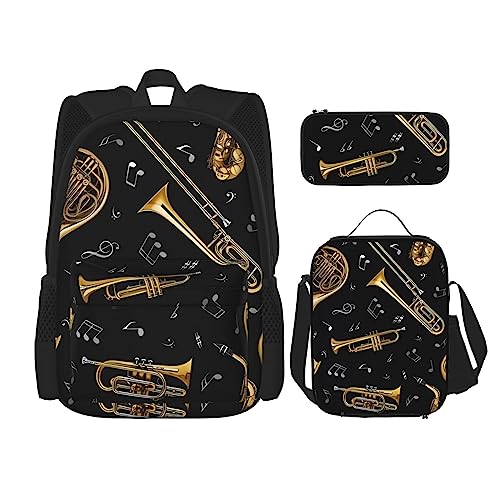 PartyUnix Rucksack mit Musikinstrumenten-Aufdruck, 3-teilig, Schulranzen mit Brotdose und Federmäppchen, geeignet für Jungen und Mädchen, Schwarz , Einheitsgröße, Kinderrucksack