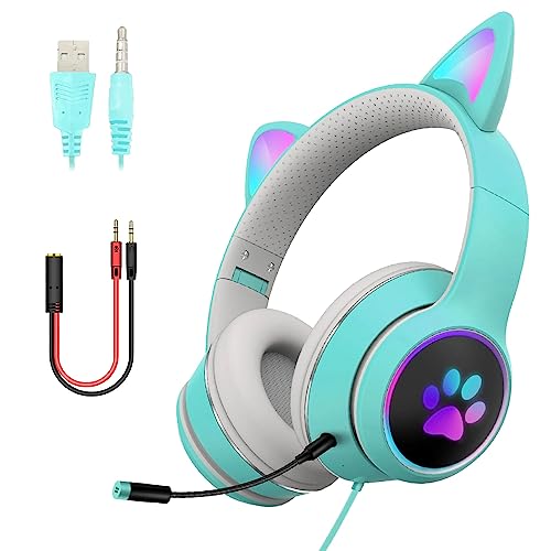 LED-Katzenohr-Kopfhörer, Gaming-Headset für Erwachsene und Jugendliche, verstellbares, gepolstertes Kopfband, abnehmbares Mikrofon, Geräuschunterdrückung und RGB-Licht (Blaugrün, USB + 3,5 mm Klinke)