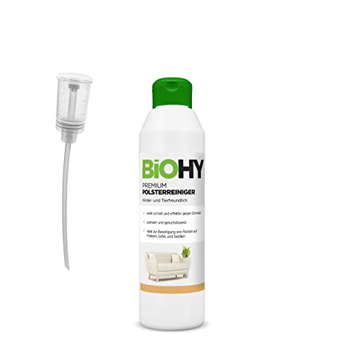 BiOHY Premium Polsterreiniger (250 ml) + Dosierer | Bio Konzentrat für Polstermöbel, Sofas, Teppiche & Textilien | für Nasssauger & andere Geräte geeignet| geruchslösender Fleckentferner