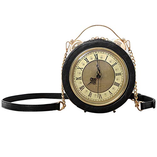 AAFLY Clock Bag Echt Arbeiten, Vintage-Umhängetasche Messenger Bag, Steampunk-Stil-Form Ledertasche Kreishandtaschen-Ketten-Schulter Weibliche Tasche (Black)