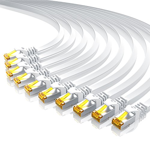 CSL - 10 x 1m - CAT.7 Gigabit Ethernet LAN Flachband Netzwerkkabel - Flachbandkabel Verlegekabel RJ45-10 100 1000 Mbit s - Patchkabel Flachkabel - kompatibel zu CAT.5 CAT.5e CAT.6 - weiß