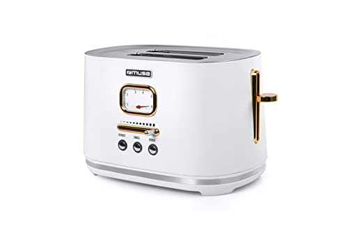 Muse Edelstahl-toaster im weißen retro Design, analoge Anzeige, beleuchtete Tasten, 6 Bräungsstufen, 2 Scheiben, MS-130 W, Vintage Look, mit Krümelschublade
