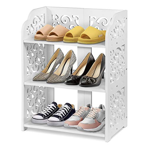 AYNEFY Schuhregal 3 Tiers Weiß Hollow Out Shoe Rack Weiß Stand Storage Organizer Regal für Schlafzimmer Wohnzimmer Flur Bad 40 x 23 x 51cm