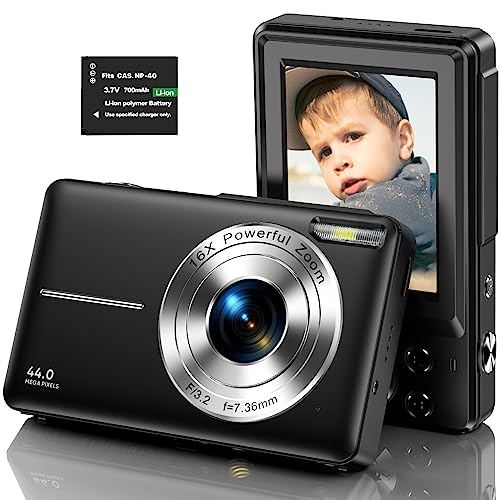 Digitalkamera, 1080P Kompaktkamera FHD Fotokamera 44MP Vlogging-Kamera Tragbare Mini kinderkamera mit LCD-Bildschirm 16X Digitalzoom und 1 Batterien für Studenten Teenager Mädchen Jungen-Schwarz