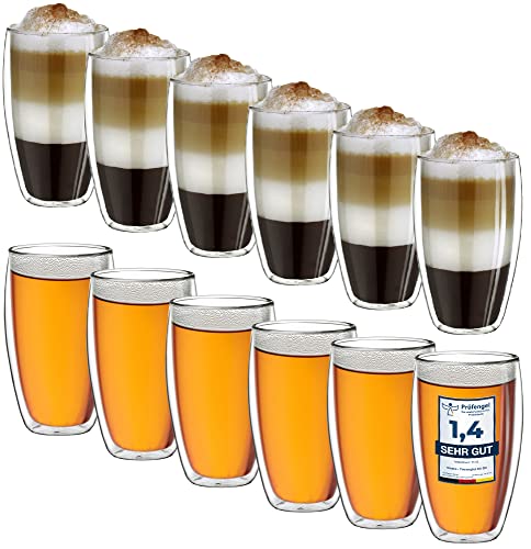 Creano Thermogläser doppelwandig 250ml „DG-SH“, 12er Set, große doppelwandige Gläser aus Borosilikatglas, Kaffeegläser, Teegläser, Latte Macchiato Gläser