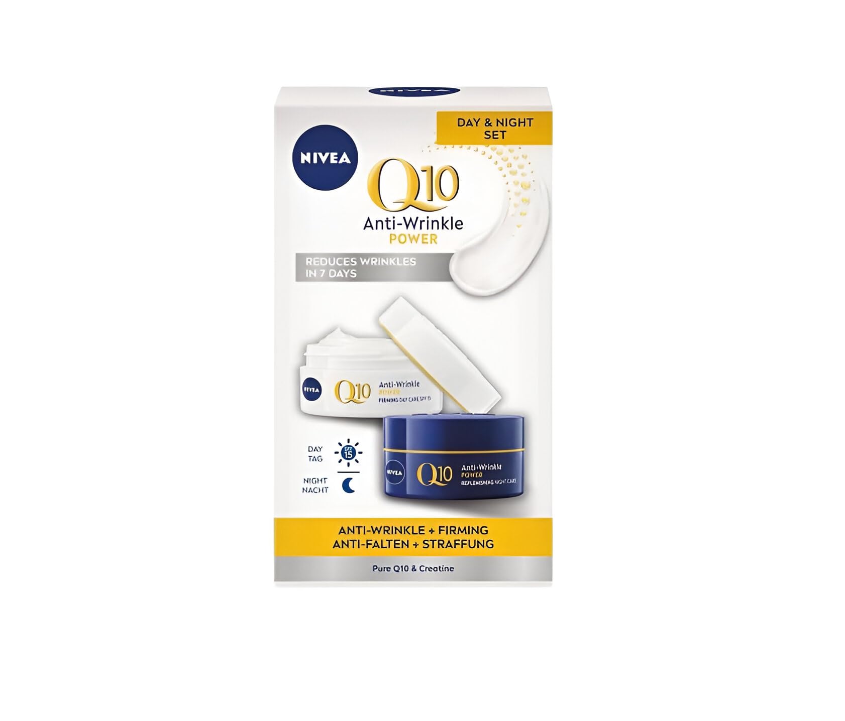 NIVEA Day And Night Cream Set Q10 Power Anti Wrinkle After Just 24 Hours Improved Formula With Spf15 Dual Action Of Nivea Coenzyme Q10 And Creatine, 2x50ml