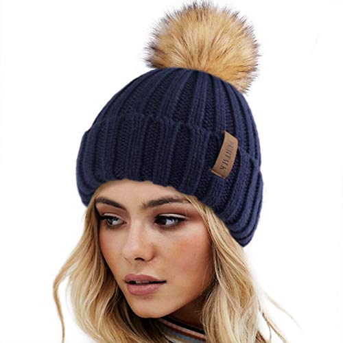FURTALK Wintermütze warme Strickmütze Damen Mütze mit Kunstpelz Bommel