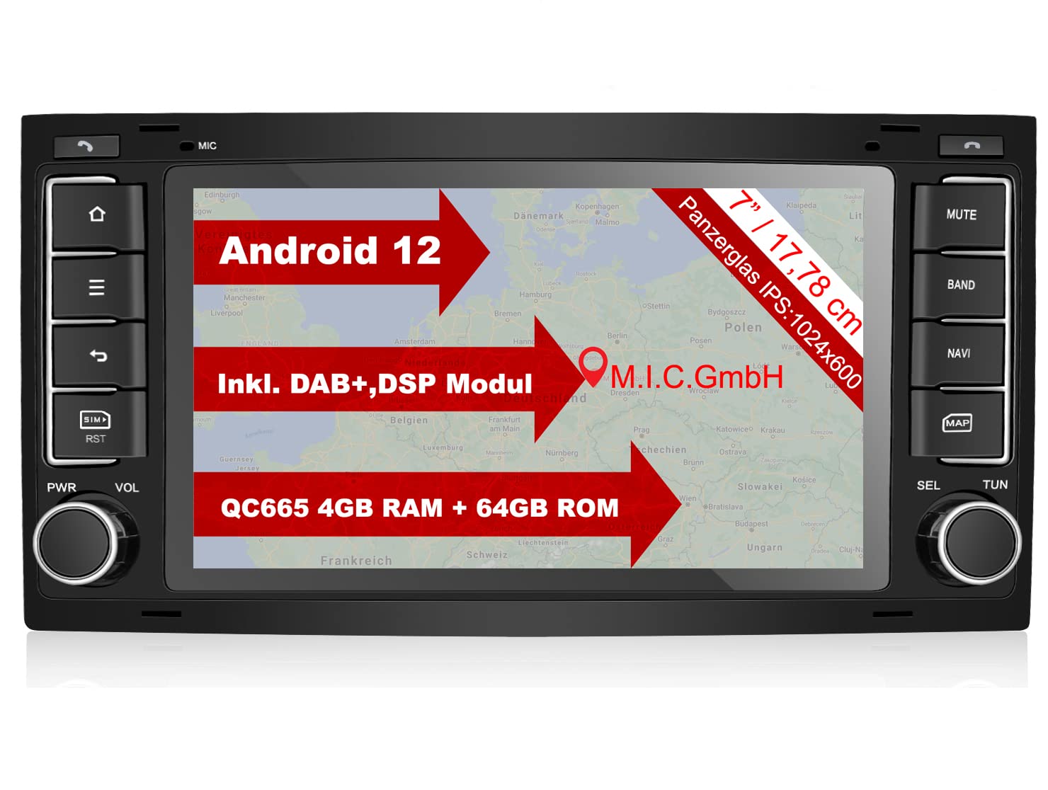 M.I.C. AVTO7 Android 12 Autoradio mit navi Qualcomm Snapdragon 665 4G+64G Ersatz für VW T5 multivan Touareg mit RNS 2 und Delta: SIM DAB Plus Bluetooth 5.0 WiFi 2din 7" IPS Panzerglas Bildschirm USB