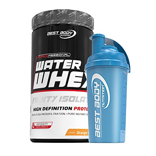 460 g Best Body Nutrition Water Whey Fruity Isolate (Orange Peach) Molkenprotein + Protein Shaker (blau)