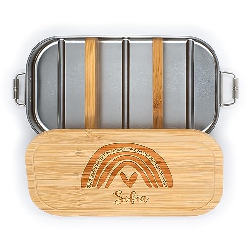 Kidsmood personalisierte Brotdose für Kinder | Individuelle Lunchbox aus hochwertigem Edelstahl mit Bambusdeckel | Personalisiertes Geschenk für Kinder mit Motiv und Wunschnamen [750 oder 1100 Ml]
