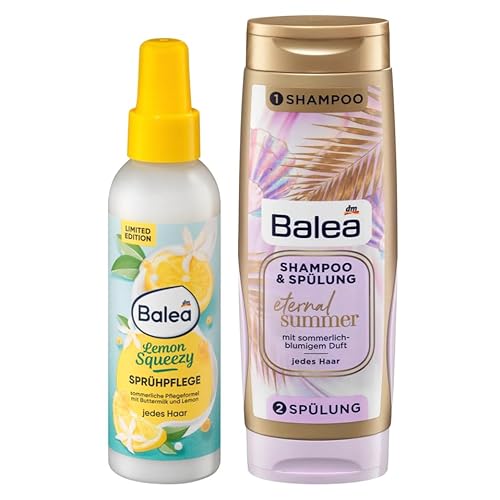 Balea 2er-Set: Sprühkur LEMON SQUEEZY pflegt das Haar & verbessert die Kämmbarkeit (150 ml) + Twinpack ETERNAL SUMMER Shampoo & Spülung mit Duft nach Sommer (300 ml), 450 ml