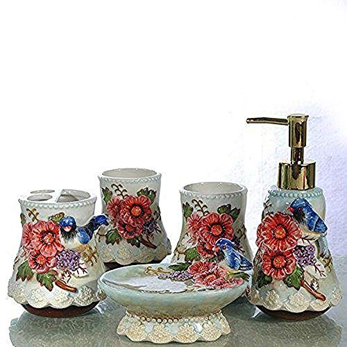 ZCXBHD Stilvolle Europäische Art-Keramik-Badezimmer-Set 3D Geschnitzte Blumen 5 Stück Bad-Accessoires-Set Seifenspender/Zahnbürstenhalter/Tumbler/Seifenschale