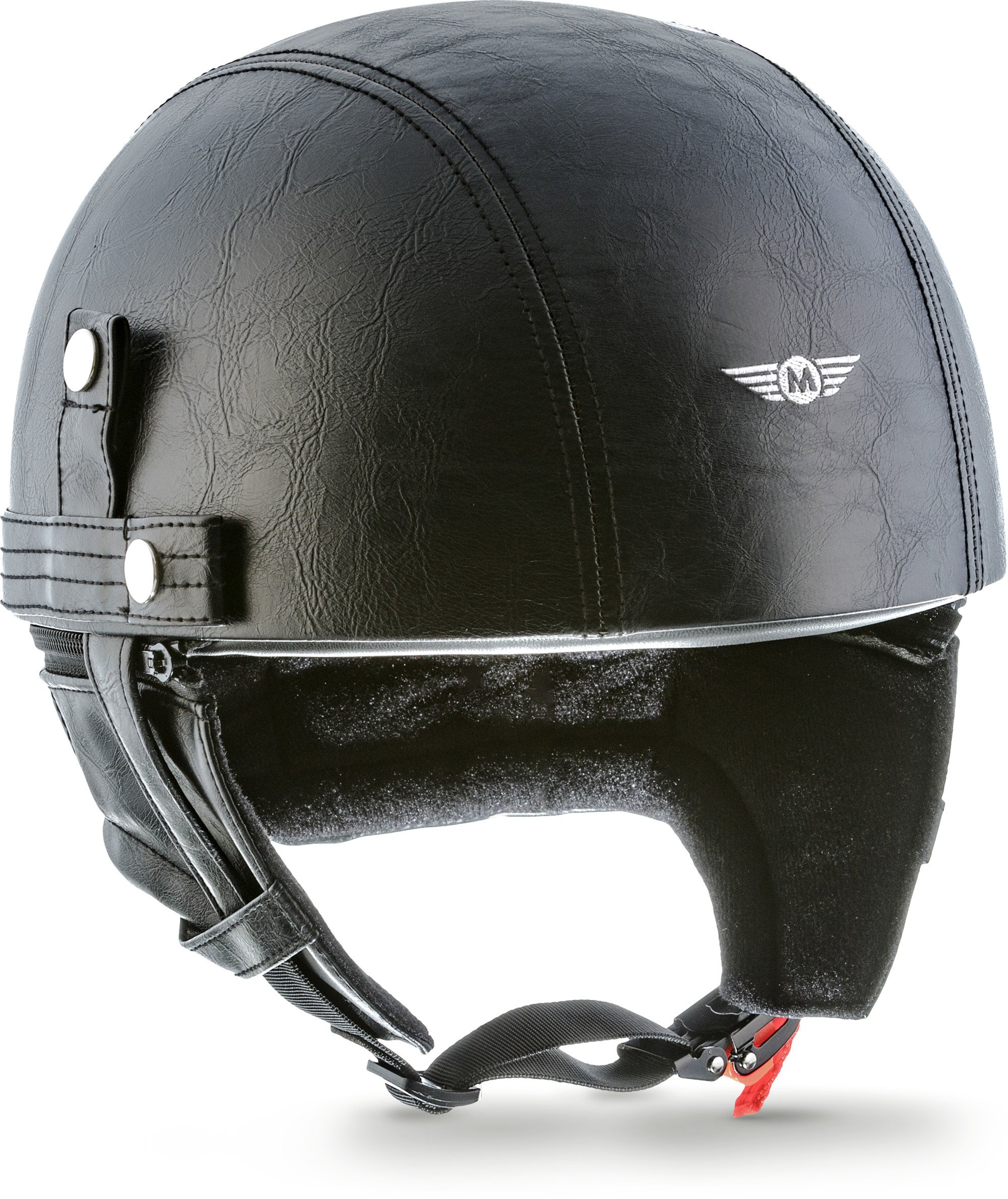 MOTO Helmets® D22 „Leather Black“ · Brain-Cap · Halbschale Jet-Helm Motorrad-Helm Bobber · Fiberglas Schnellverschluss SlimShell Tasche M (57-58cm)