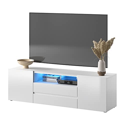 Selsey Bros - Fernsehschrank / TV-Lowboard in Weiß mit Hochglanzfronten und LED-Beleuchtung ca. 140 cm