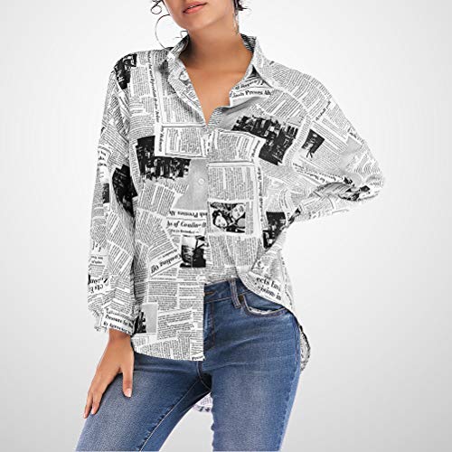 Damenmode Zeitung Print Shirt einreihige Bluse Revers langärmeliges Top für Sommer Frühling (schwarz, Größe XL)
