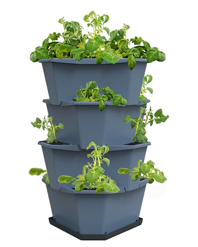 Paul Potato Starter Kartoffelturm - stapelbar - Hochbeet/Pflanzgefäß/Blumentopf für Balkon, Garten und Terrasse (4 Etagen, Blau) inkl. Untersetzer