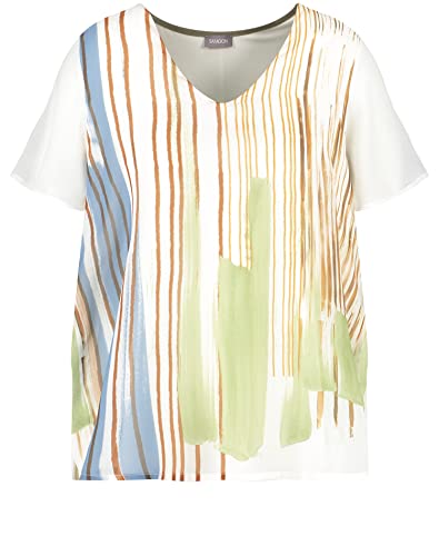 Samoon Damen Blusenshirt in Layer-Optik Kurzarm Blusenshirts T-Shirt Kurzarm Rundhals Blusenshirt gestreift Große Größen Offwhite Gemustert 46