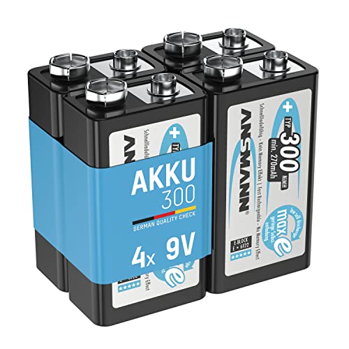 ANSMANN Akku 9V Block Typ 300mAh NiMH 4 Stück mit geringer Selbstentladung - Wiederaufladbare Batterien maxE mit hoher Kapazität - 9 Volt Batterie für Messgerät Multimeter Spielzeug Fernbedienung