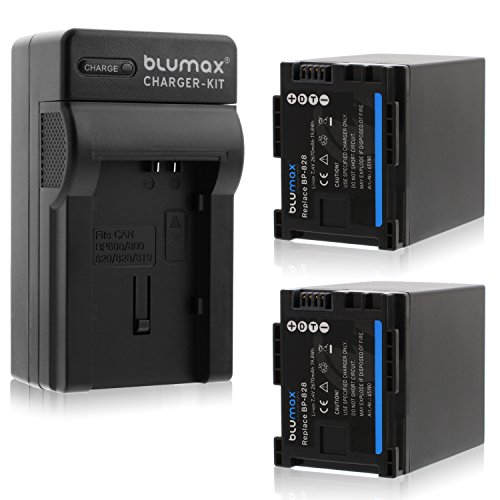 2X Blumax BP-828 2400mAh + Ladegerät BP-828 | passend zu diversen Canon Kameramodellen