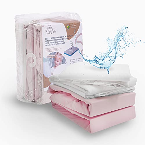 ALCUBE 4er Set aus wasserdichter Matratzenauflage und Baumwoll-Spannbettlaken für Baby und Kinder - Verschiedene Größen - (rosa 70x140 cm)