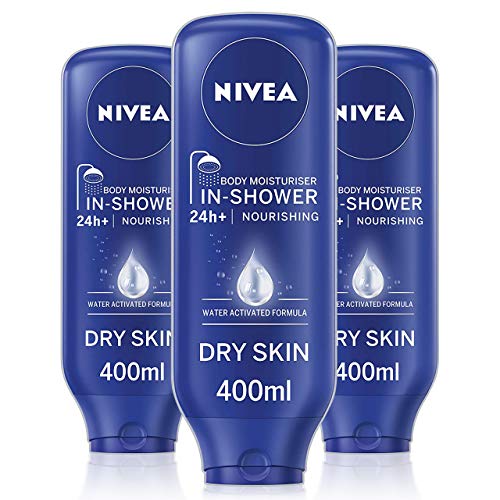 NIVEA In-Shower Körperfeuchtigkeitspflege Pflegend für trockene Haut 3er Pack (3 x 400 ml) Körperfeuchtigkeitspflege für die Dusche Feuchtigkeitspflege für Frauen mit Mandelöl