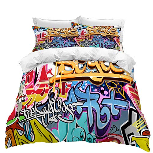 Timiany Bettwäsche Set Graffiti ? Coole Bunte Jugendliche Bettbezug 135x200cm Street Art Hip Hop Bequem Microfaser Bettbezüge+2 Kissenbezüge 50x75cm (Hip Hop,135x200+50x75)