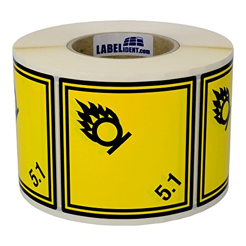Labelident Gefahrgutaufkleber 100 x 100 mm - Klasse 5.1 - Entzündende (oxidierende) Stoffe - 1000 Gefahrgutetiketten auf 1 Rolle(n), 3 Zoll Kern, Vinyl Folie gelb, selbstklebend