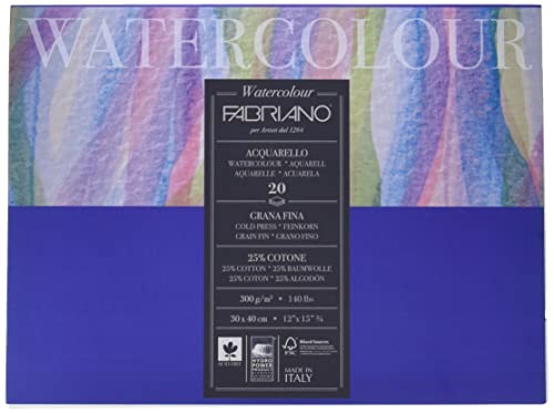 Honsell 73613040 - Fabriano Watercolour Aquarellkarton, 300 g/m², 30 x 40 cm, 20 Blatt, Block 4 fach geleimt, naturweiß, Feinkorn, säurefrei, samtartige Oberfläche