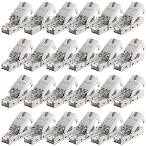 deleyCON 24x CAT 6a Werkzeugloser RJ45 Netzwerkstecker mit LSA Anschluss für Starre Verlegekabel Geschirmt 10 Gbit/s LAN Kabel Netzwerkkabel Stecker CAT6a Metallgehäuse