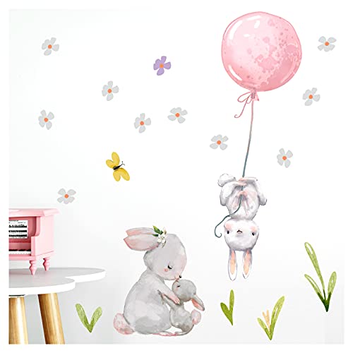 Little Deco Wandtattoo Babyzimmer Hasen mit Ballon Rosa I L - 155 x 155 cm (BxH) I Blumen Kinderbilder Deko Kinderzimmer Mädchen Aufkleber Sticker DL238