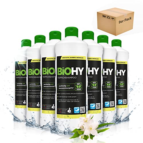 BIOHY Teppichshampoo Konzentrat 9 x 1 Liter Flaschen | Teppichreiniger ideal zur Entfernung von hartnäckigen Flecken | SPEZIELL FÜR WASCHSAUGER ENTWICKELT