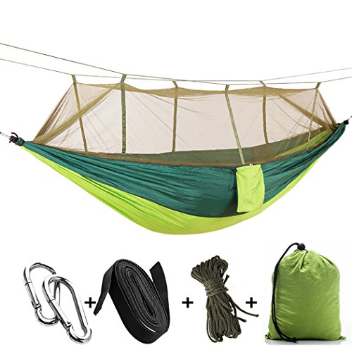 Outdoor Camping Hängematten mit Moskitonetz, tragbare Hängematte Fallschirmzelt für zwei Personen, 260 x 140 cm, Traglast 200 kg L grün