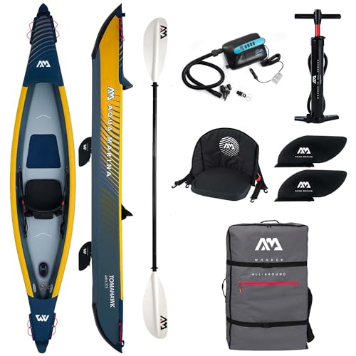 Campsup Aqua Marina kajak aufblasbar | Inflatable 1 Personen Kayak Tomahawk K-375 2023+ 1 x KP-1 + Star 8 | 375x72x25,5 cm | Technologie: Drop Stitch