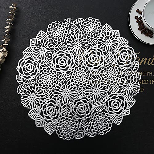 Hosoncovy 4er Pack Rose Tischsets Tischsets Set Waschbares PVC rutschfeste hitzebeständige Tischsets Tischsets Dinner Mats Hollow Tischsets Mahlzeit Matte für die Küche für Hochzeitsfeier (Silber)