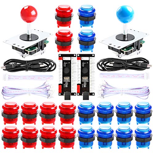 Qenker 2 Player LED Arcade DIY Kit für USB MAME PC Game DIY & Raspberry Pi Retro Controller DIY inkl. 2X Arcade Joystick, 20X LED Arcade Tasten, 2X Zero Delay USB Encoder (Blau & Rot)