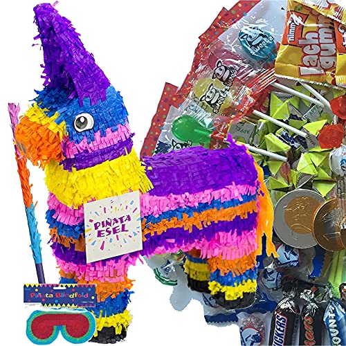 Carpeta Pinata Set: * Esel * + Maske + Schläger + 100-teiliger Süßigkeiten-Füllung No.1 Handgefertigte Pinata | Tolles Spiel für Kindergeburtstag und Motto-Party