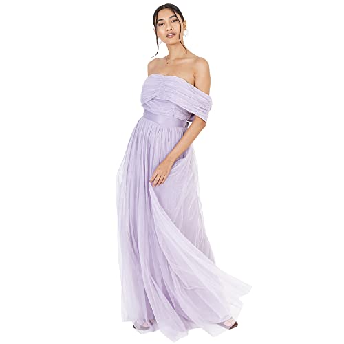 Anaya with Love Damen Womens Ladies Maxi Dress Bardot Off Shoulder with Belt Long Empire Waist for Wedding Guest Prom Evening Gown Bridesmaid Kleid, Dusty Lilac, 36