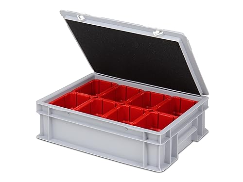 Einsatzkasten Einteilungs-Set für Eurobehälter, Schubladen mit Innenmaß 362x262 mm (LxB), 102 mm hoch, verschiedene Größen/Farben (8er Set inkl. Box + Deckel, rot)