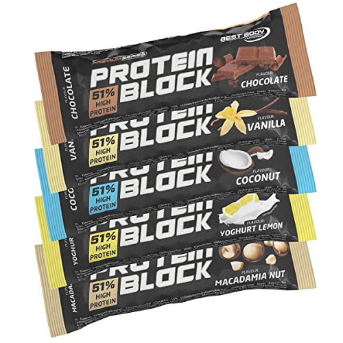 Best Body Nutrition Protein Block MIX BOX, mit Chocolate, Vanilla, Coconut, Yoghurt Lemon und Macadamia Nut, 15 x 90g Riegel pro Karton