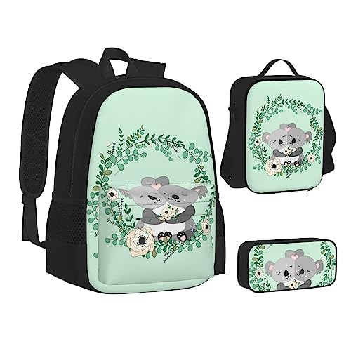 TOMPPY Koala bedruckte Büchertasche mit Lunchtasche und Federmäppchen für Elementarität, 3-teiliges Rucksack-Set, Schwarz , Einheitsgröße, Schulranzen-Set