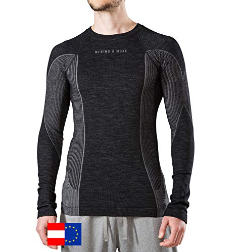 Merino & More Herren Skiunterwäsche lang - Premium Funktionsunterwäsche aus Merinowolle - Sport - Skiunterhemd - Langarm schwarz-grau Gr. L