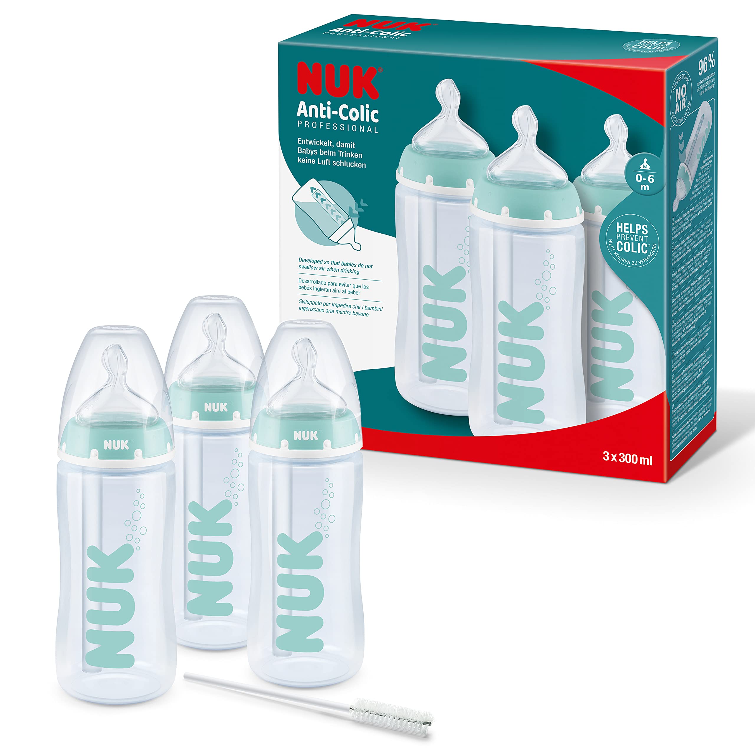 NUK First Choice+ Anti-Colic Professional Babyflaschen-Set | 0–6 Monate | Temperature Control | 300 ml | BPA-frei | Silikon-Trinksauger | Blau | 3 Stück
