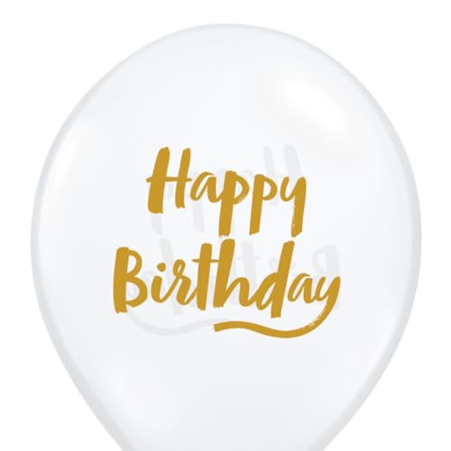 Qualatex 80569 Geburtstags-Ballons mit Pinselschrift, Diamant, transparent, 27,9 cm / 27,9 cm, rund, Latex, Partyballons (25 Stück)