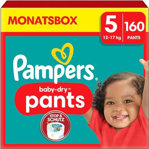 Pampers Baby-Dry Pants Größe 5, 160 Windeln, 12kg - 17kg, Mit Stop und Schutz Täschchen, Das Hilft, Auslaufen Am Rücken Zu Verhindern