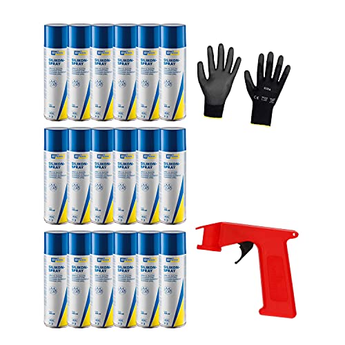 Iloda® Schutzhandschuhe + Sprüh-Pistolengriff (rot oder schwarz) + 18x 300ml cartechnic Silikonspray Silicone Spray