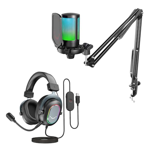 FIFINE Gaming Mikrofon PC mit Arm und Gaming Headset, USB Microphone Kit und Over Ear Kopfhörer mit Kabel, für Podcast Streaming Studio MacOS Windows PS4 PS5 (A6T+H6)