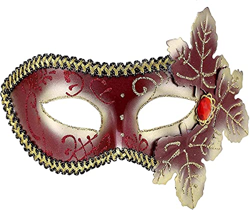 Forum Mardi Gras Costume Masquerade Venetian Half Mask With Glitter Leaves, Red/Gold, One Size